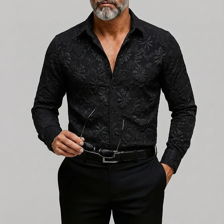 Men's Floral Jacquard Shirt - Long Sleeve Button Up - Slim Fit