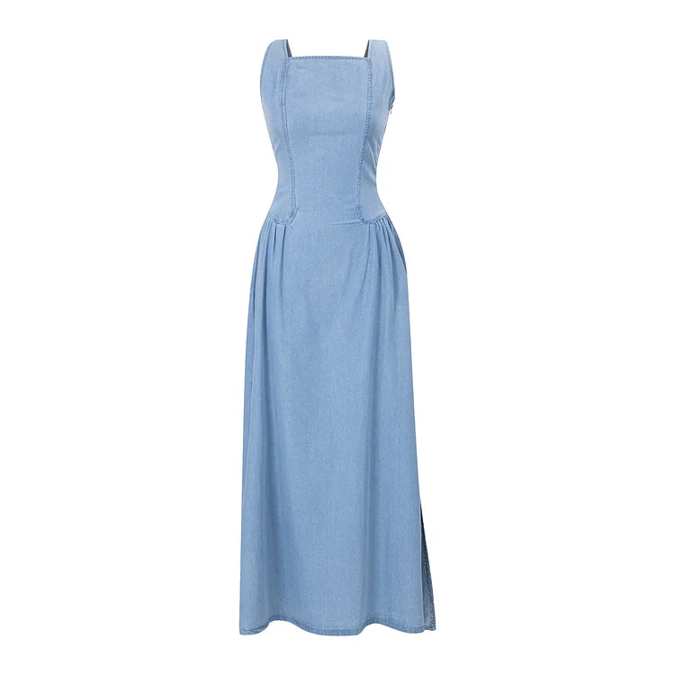 Women's Sleeveless Maxi Dress - Square Neck Lace-Up Back