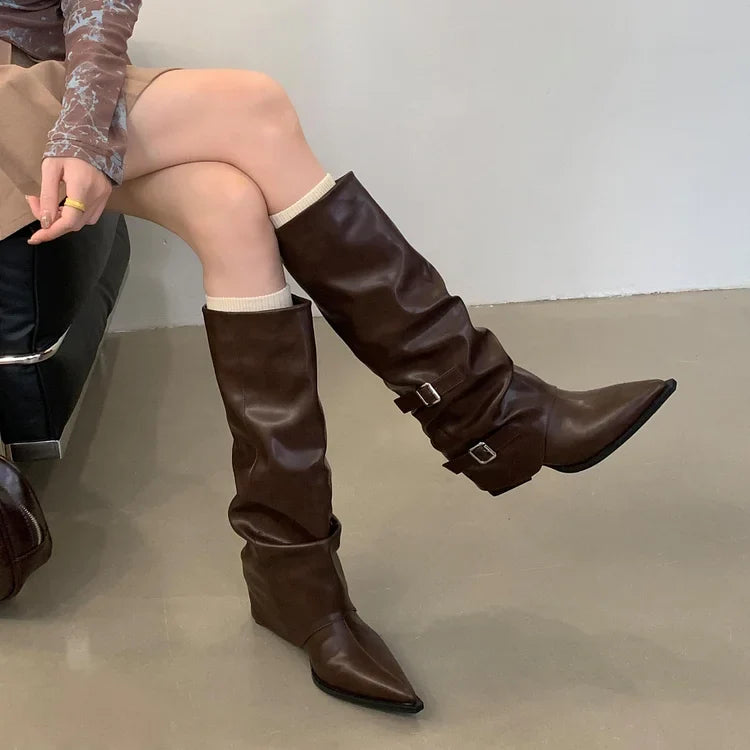 Women's Knee High Boots - Slouch - Double Buckle - Pointed Toe