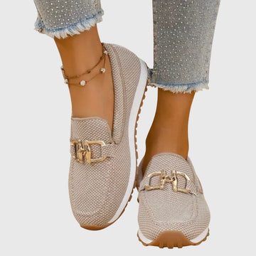 Women's Slip On Loafers - Mesh Upper - Gold Hardware Detail - Flat