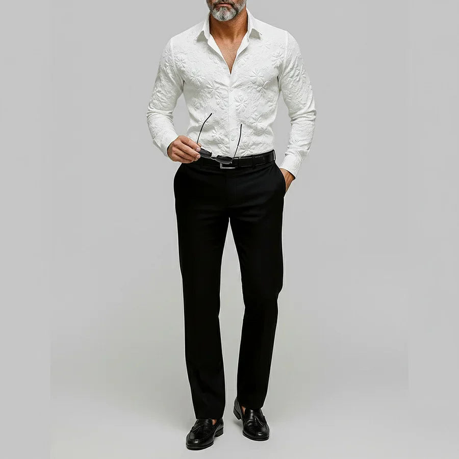 Men's Floral Jacquard Shirt - Long Sleeve Button Up - Slim Fit