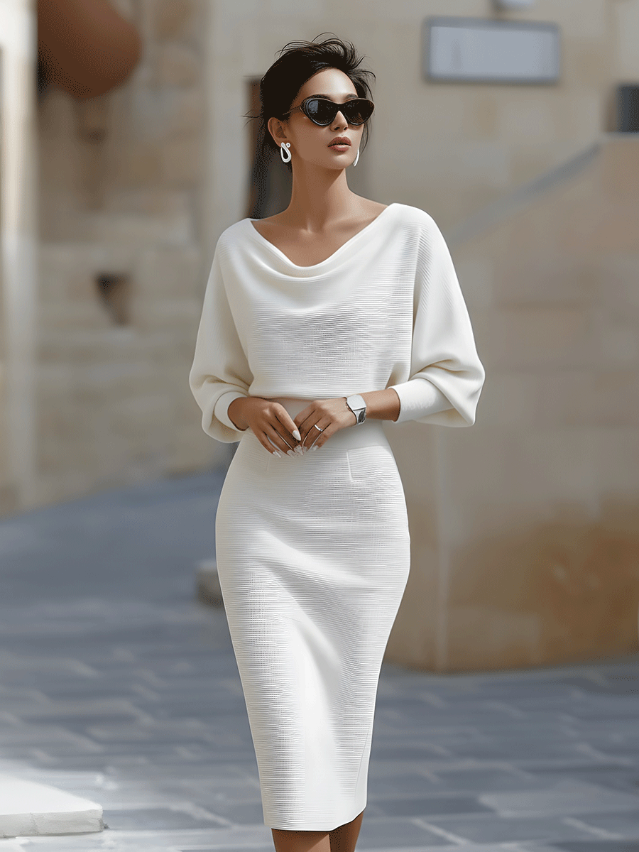 Women's Bodycon Midi Dress - Cowl Neck Batwing Sleeve with Back Zip and Hem Slit