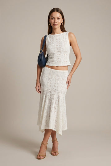 Women's Lace Two Piece Set - Sleeveless Crew Neck Tank Top Midi Skirt