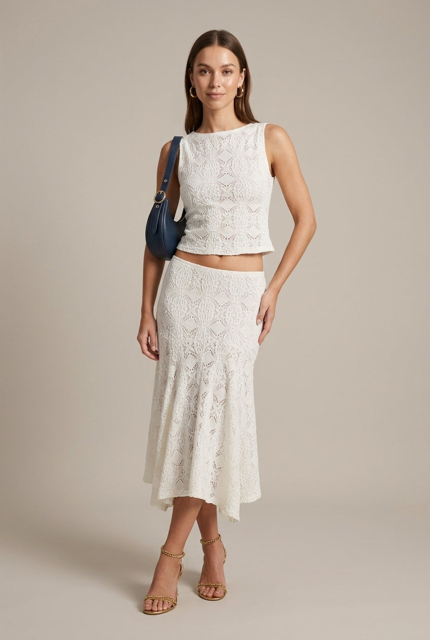 Women's Lace Two Piece Set - Sleeveless Crew Neck Tank Top Midi Skirt