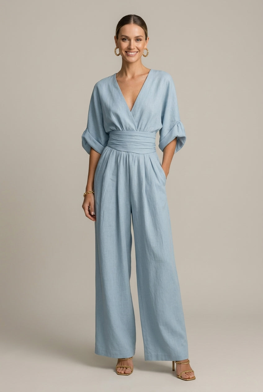 Women's V-Neck Waist Detail Long Sleeve Jumpsuit