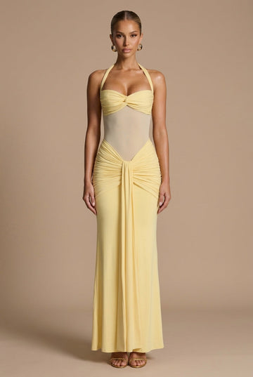 Women's Halter Neck Ruched Maxi Dress - Sheer Panel