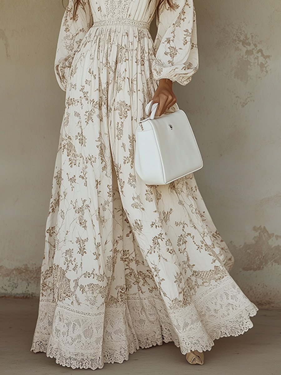 Women's Floral Maxi Dress - V-Neck - Puff Sleeve - Lace Hem - White