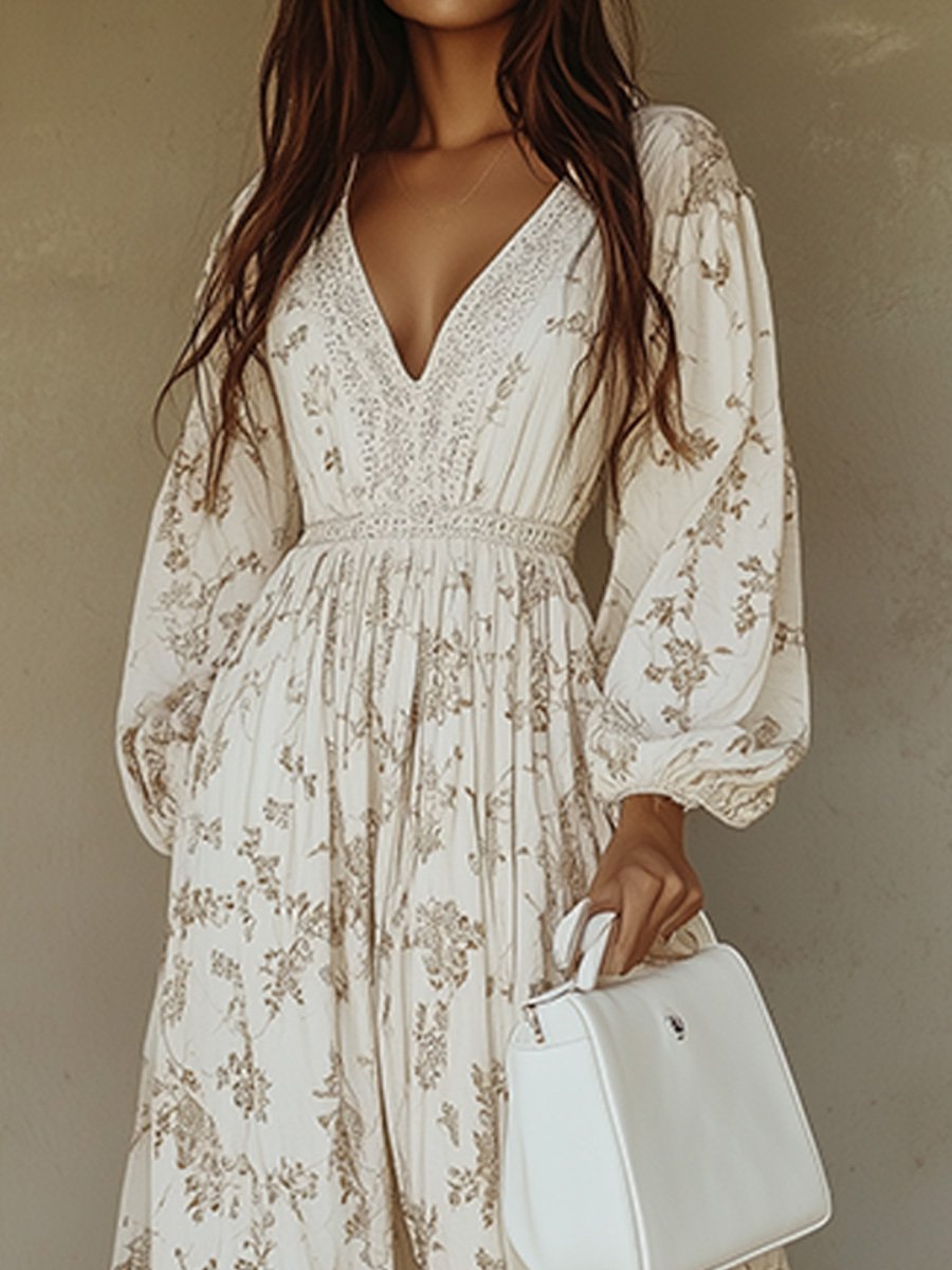 Women's Floral Maxi Dress - V-Neck - Puff Sleeve - Lace Hem - White