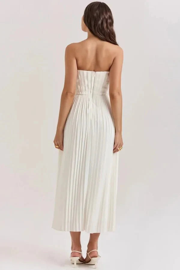 Women's Strapless Corset Midi Dress - Sweetheart Pleated
