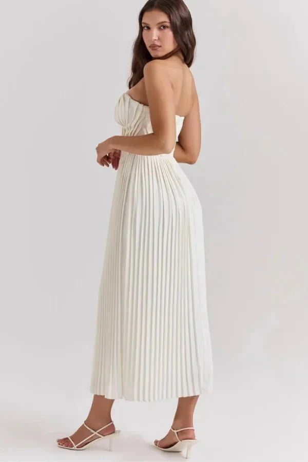 Women's Strapless Corset Midi Dress - Sweetheart Pleated