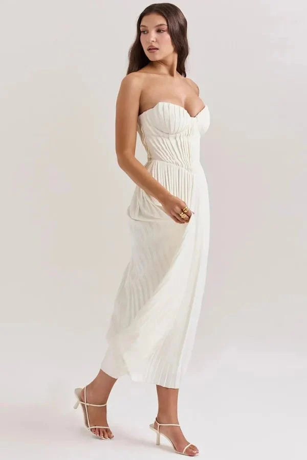 Women's Strapless Corset Midi Dress - Sweetheart Pleated