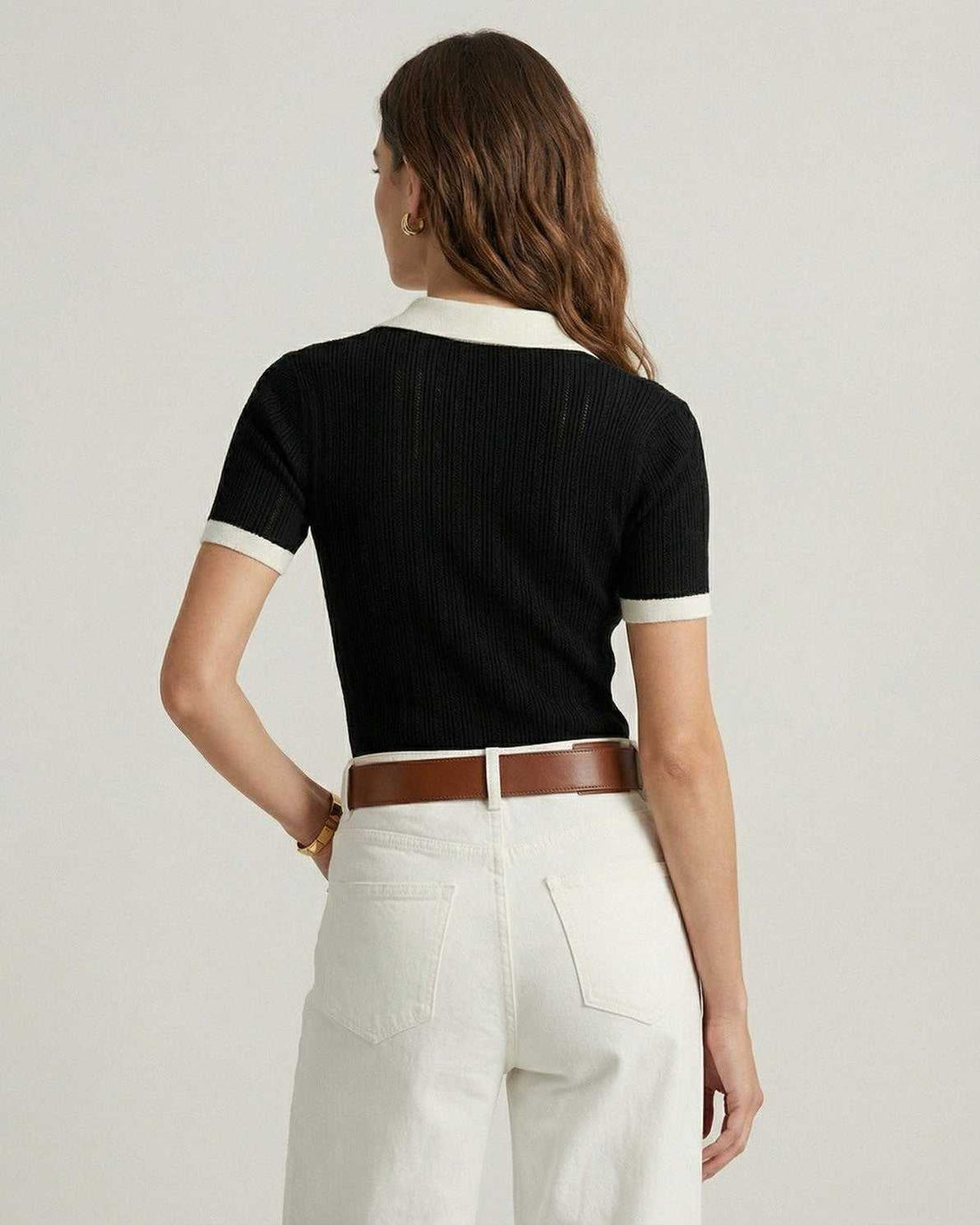 Women's Ribbed Knit Polo - Short Sleeve Contrast Trim Top