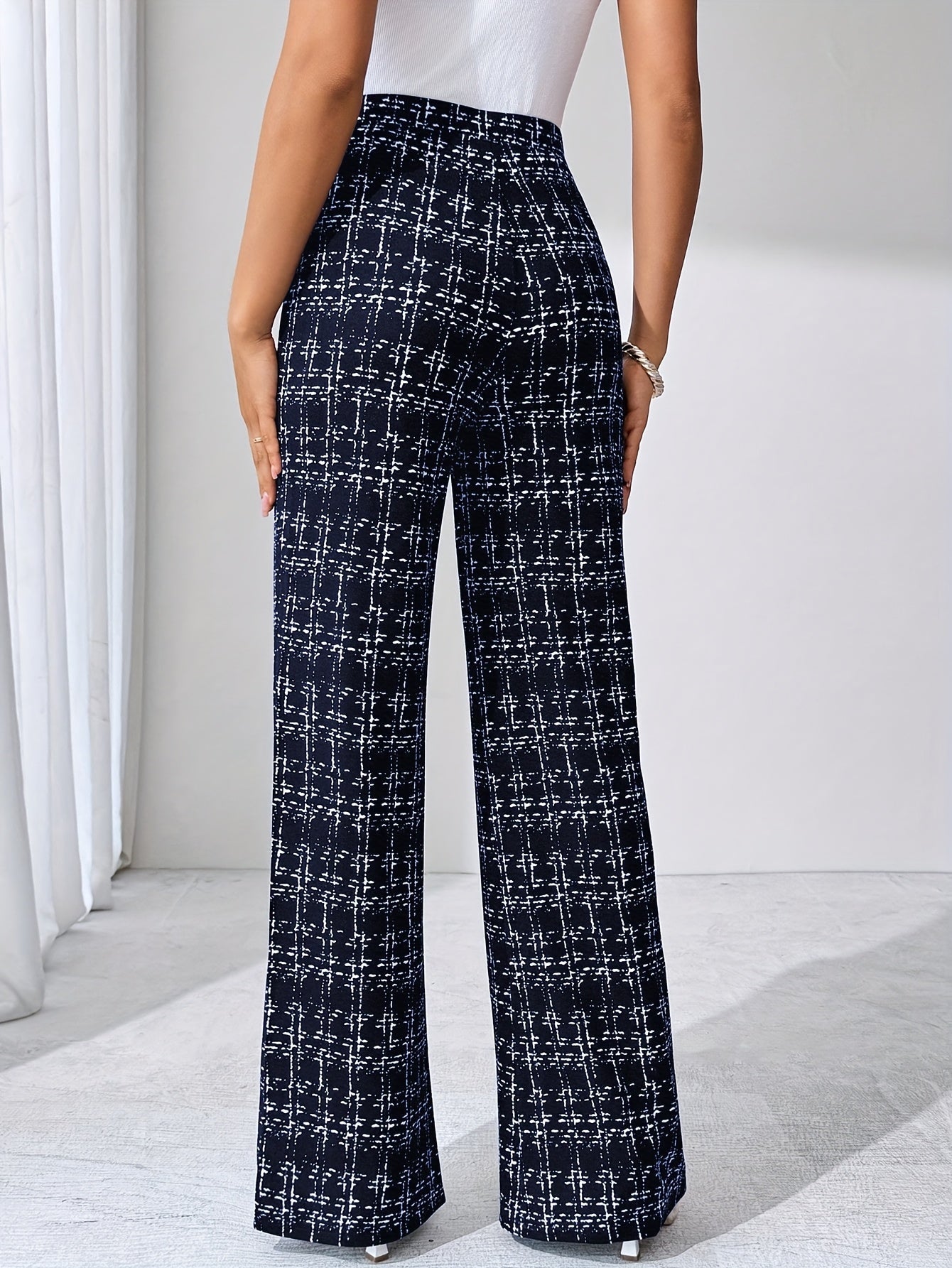 Women's Plaid Wide Leg Pants - High Waist Full Length Pull On