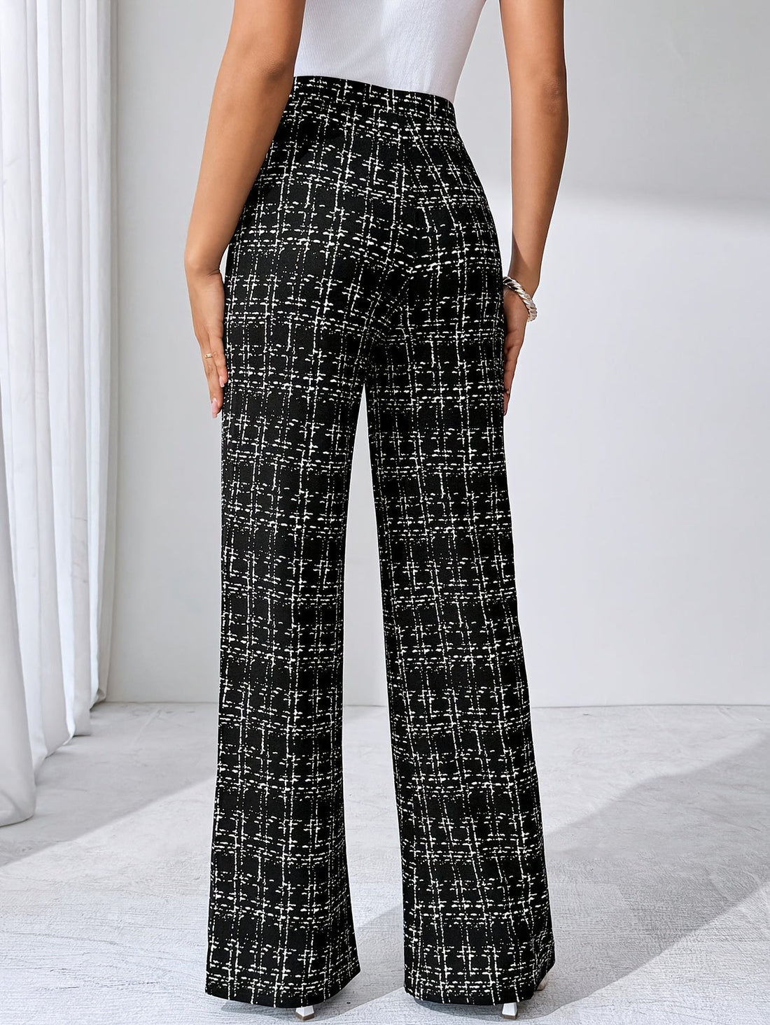 Women's Plaid Wide Leg Pants - High Waist Full Length Pull On