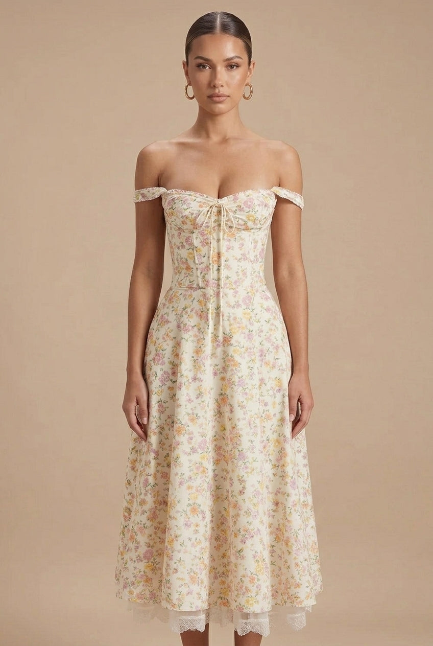 Women's Floral Corset Midi Dress - Off Shoulder - Lace Hem