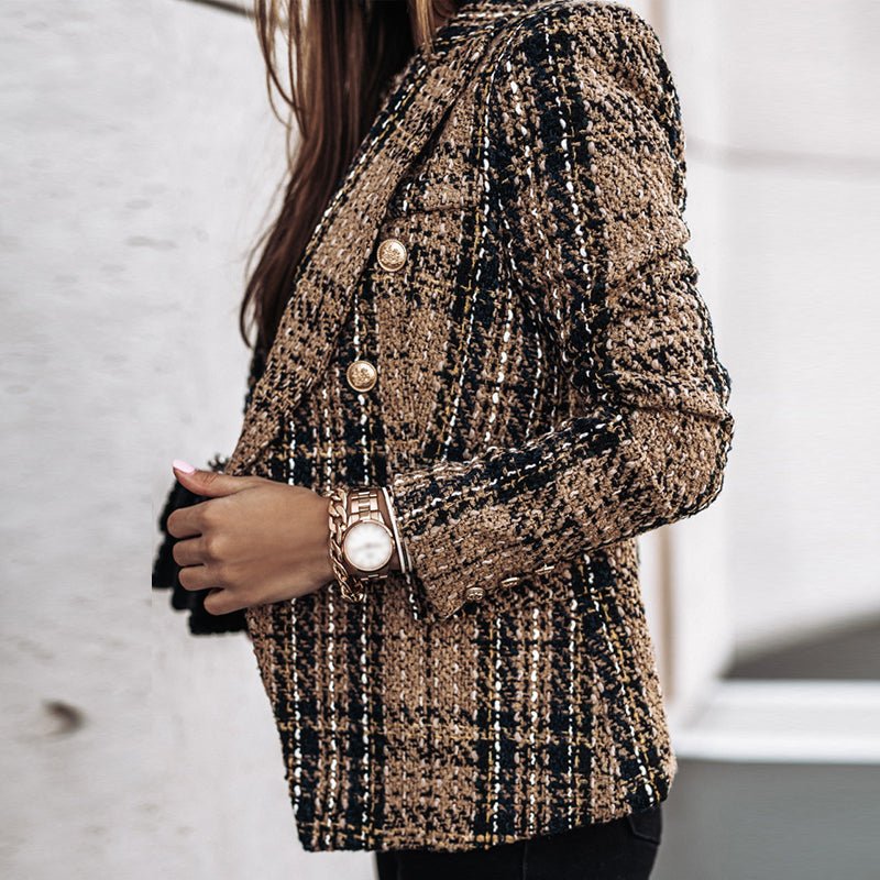 Women’s Classic Check Blazer Jacket – Tailored Button-Front Structured Fit