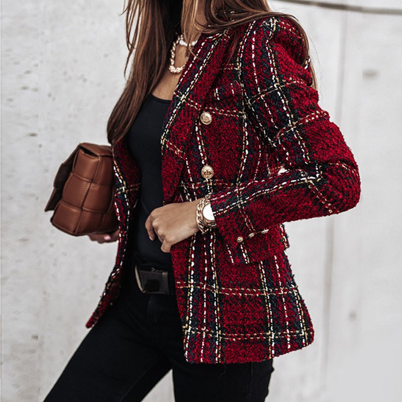 Women’s Classic Check Blazer Jacket – Tailored Button-Front Structured Fit