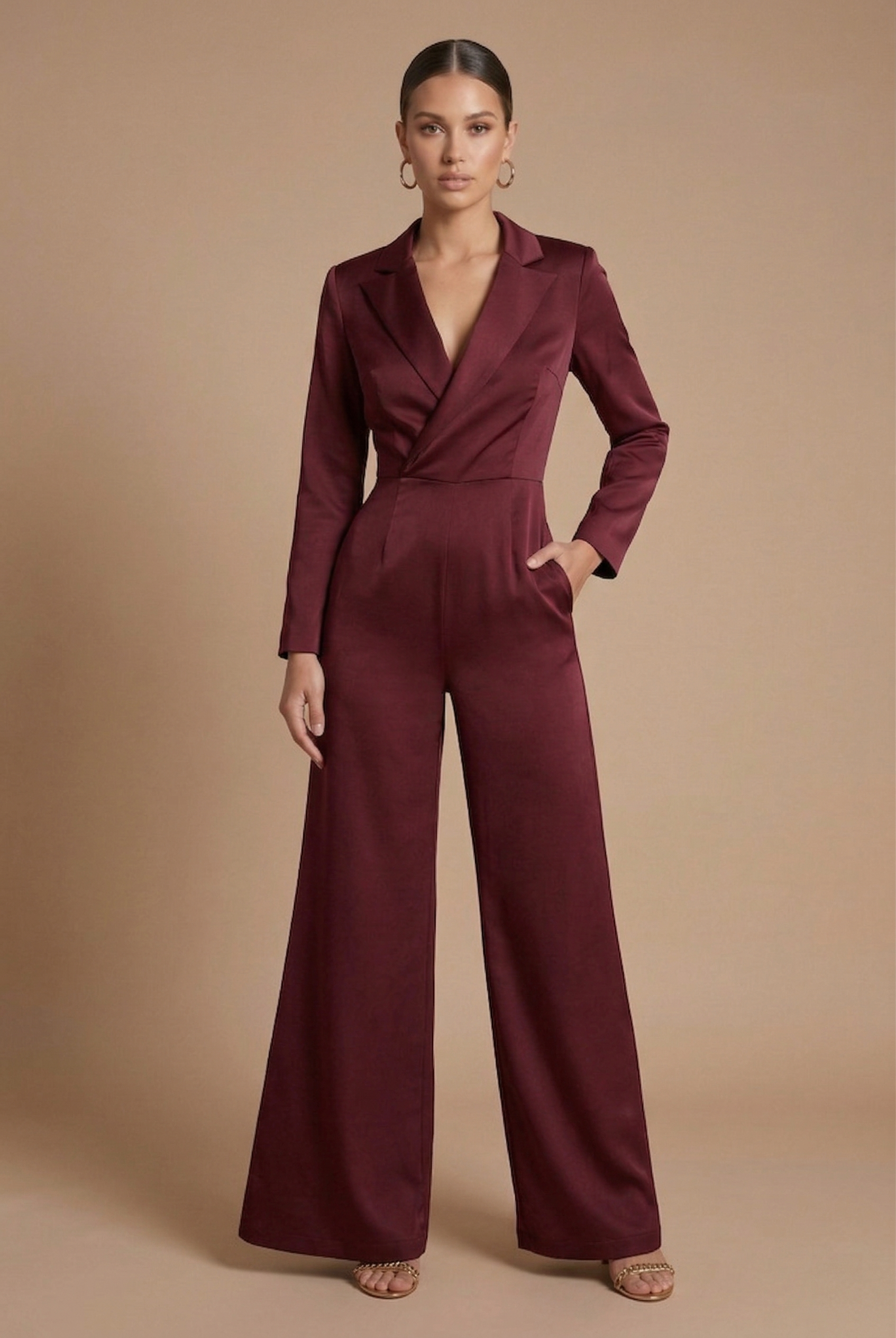 Women's Jumpsuit - Wide Leg Notch Lapel Long Sleeve Deep V Wrap Bodice