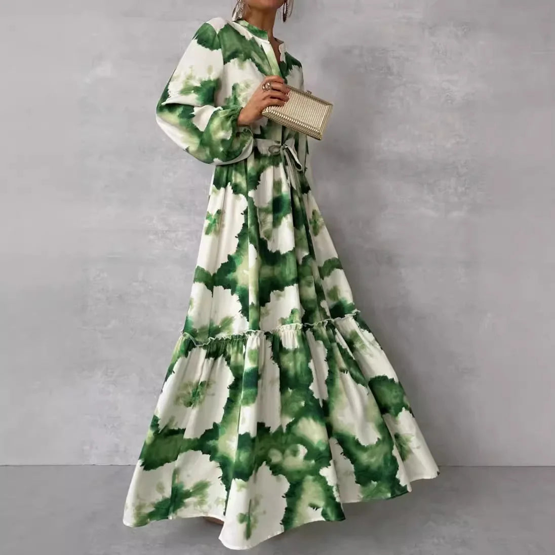 Women's Printed Maxi Dress - V-Neck Long Sleeve Tiered Skirt with Tie Waist