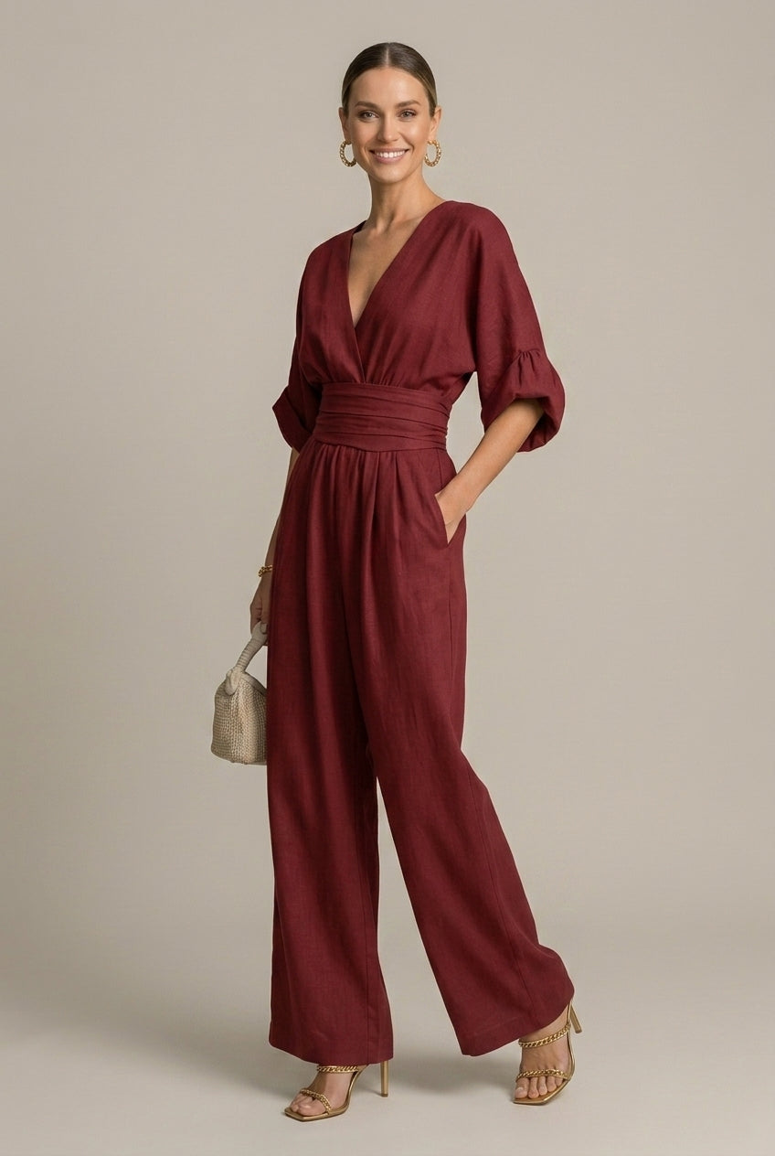 Women's V-Neck Waist Detail Long Sleeve Jumpsuit