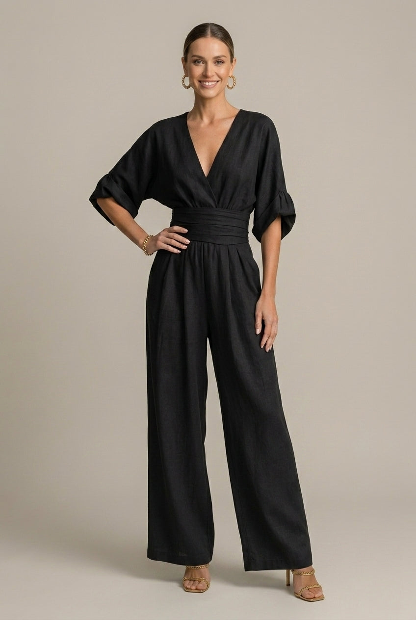 Women's V-Neck Waist Detail Long Sleeve Jumpsuit