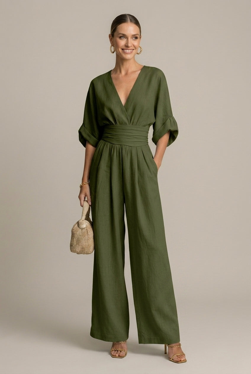 Women's V-Neck Waist Detail Long Sleeve Jumpsuit