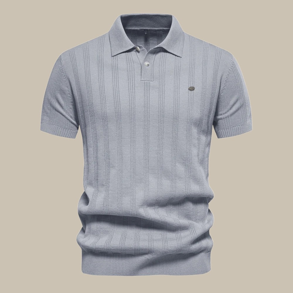 Men's Short Sleeve Knit Polo - Vertical Ribbed Pattern - Fold Collar