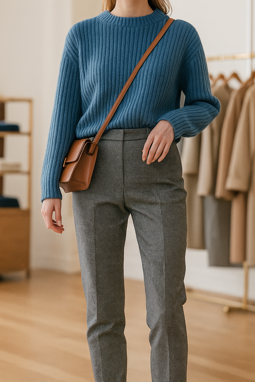 Women's High-Waisted Straight Leg Pants with Belt Loops and Front Seam Detail